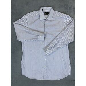 Ike Behar Shirt Mens XL 17 White Blue Striped Long Sleeve Button Up Collared